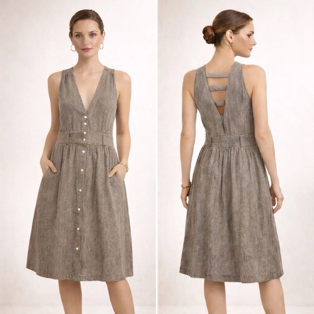 Covet Linen Cotton Sleeveless Taupe Button Front V Neck Dress Women's Size 10‎